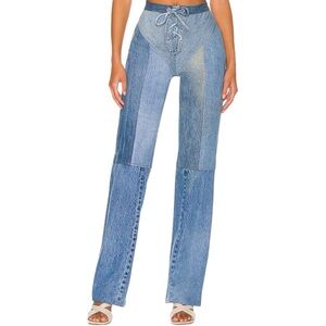 EB Denim Patchwork Lace-Up Flare Leg Jeans Medium Wash XS NWOT